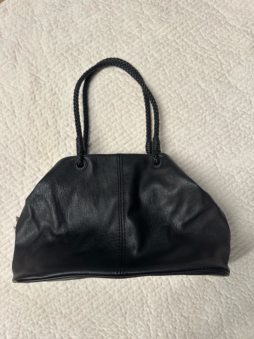 Black Leather Shoulder Bag with Braided Handles